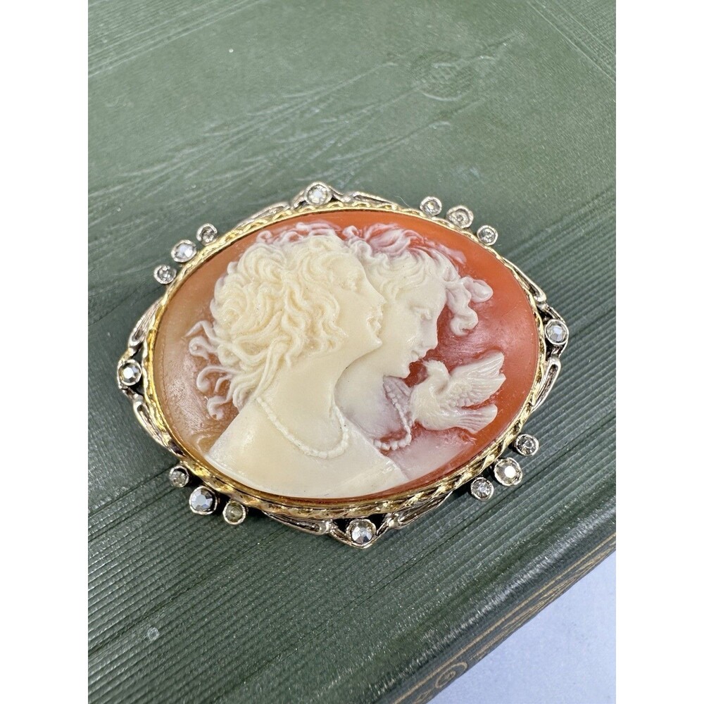 Vintage Dove & Women Resin Cameo W  Rhinestones Victorian Style Brooch Pin